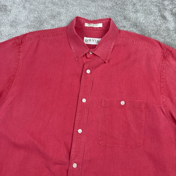 Orvis Shirt Mens Large Red Hemp Blend Tencel Short Sleeve Button Up Hiking Camp - Picture 1 of 7
